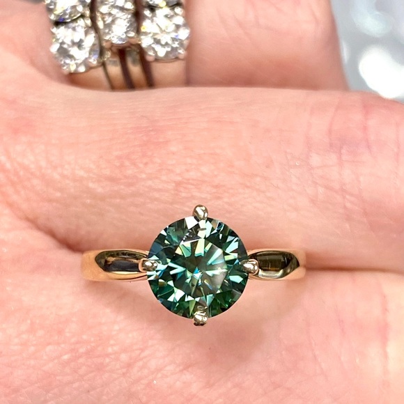 14k Yellow Gold 1 Carat Teal Blue / Aqua Diamond Moissanite Engagement Ring - Picture 3 of 14